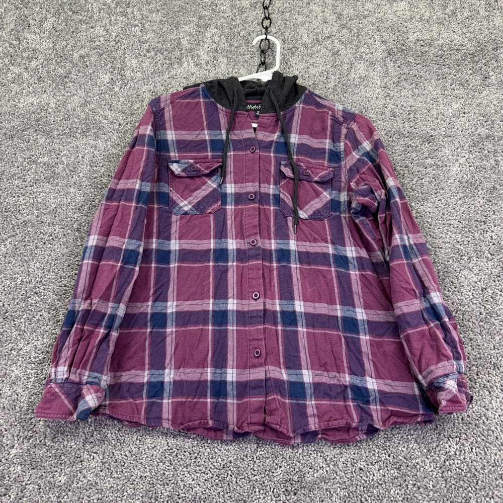 North River Outfitters Shirt Womens Medium Purple Plaid Flannel Hooded Button Up